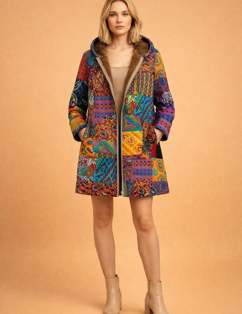 Kryztal | Boho Płaszcz z Wnętrzem Sherpa