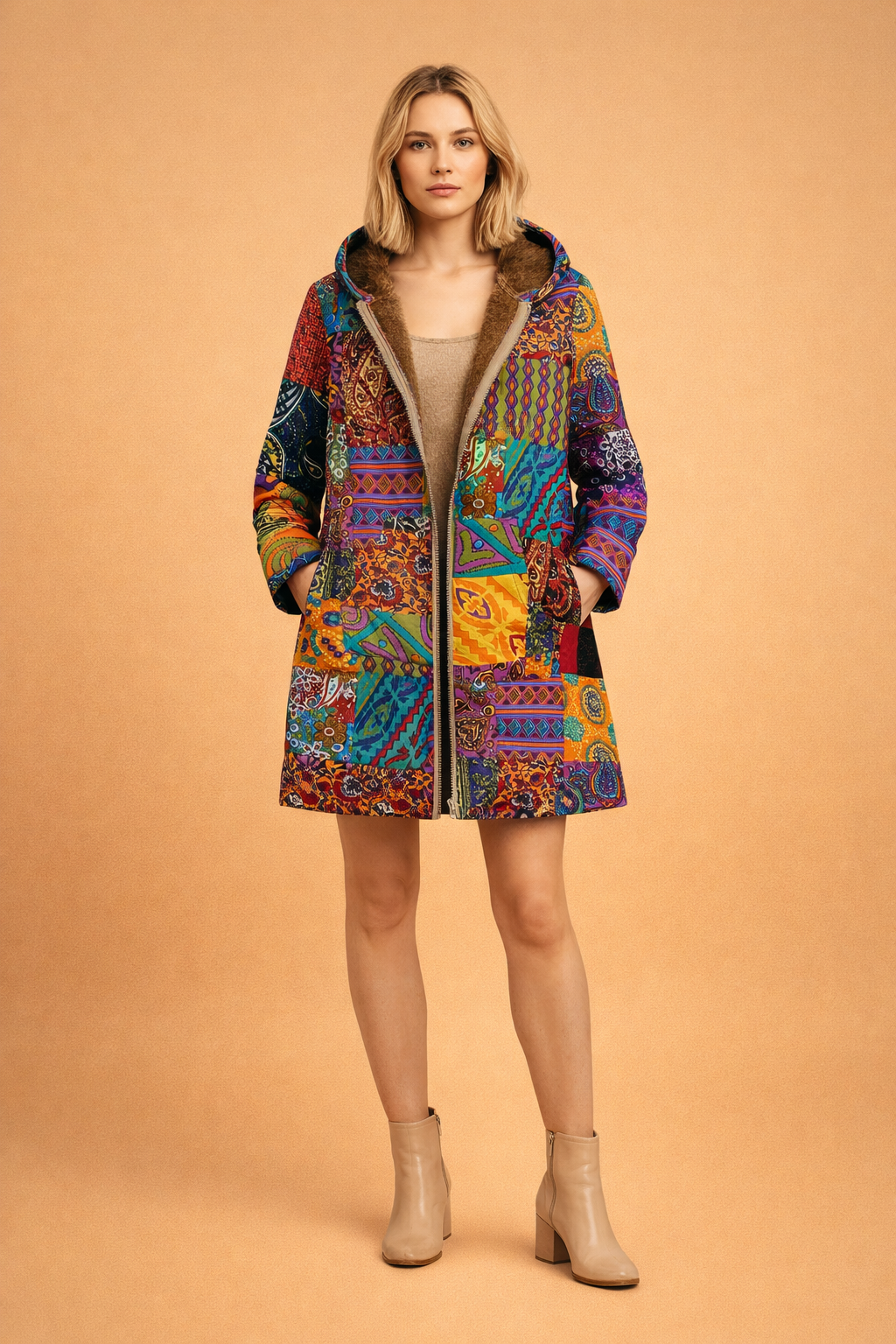 Kryztal | Boho Płaszcz z Wnętrzem Sherpa