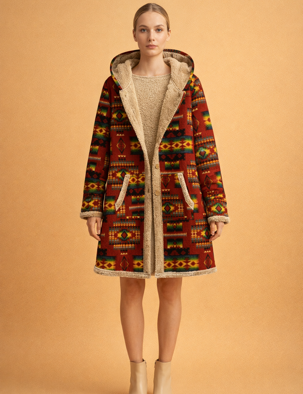 Kryztal | Boho Płaszcz z Wnętrzem Sherpa