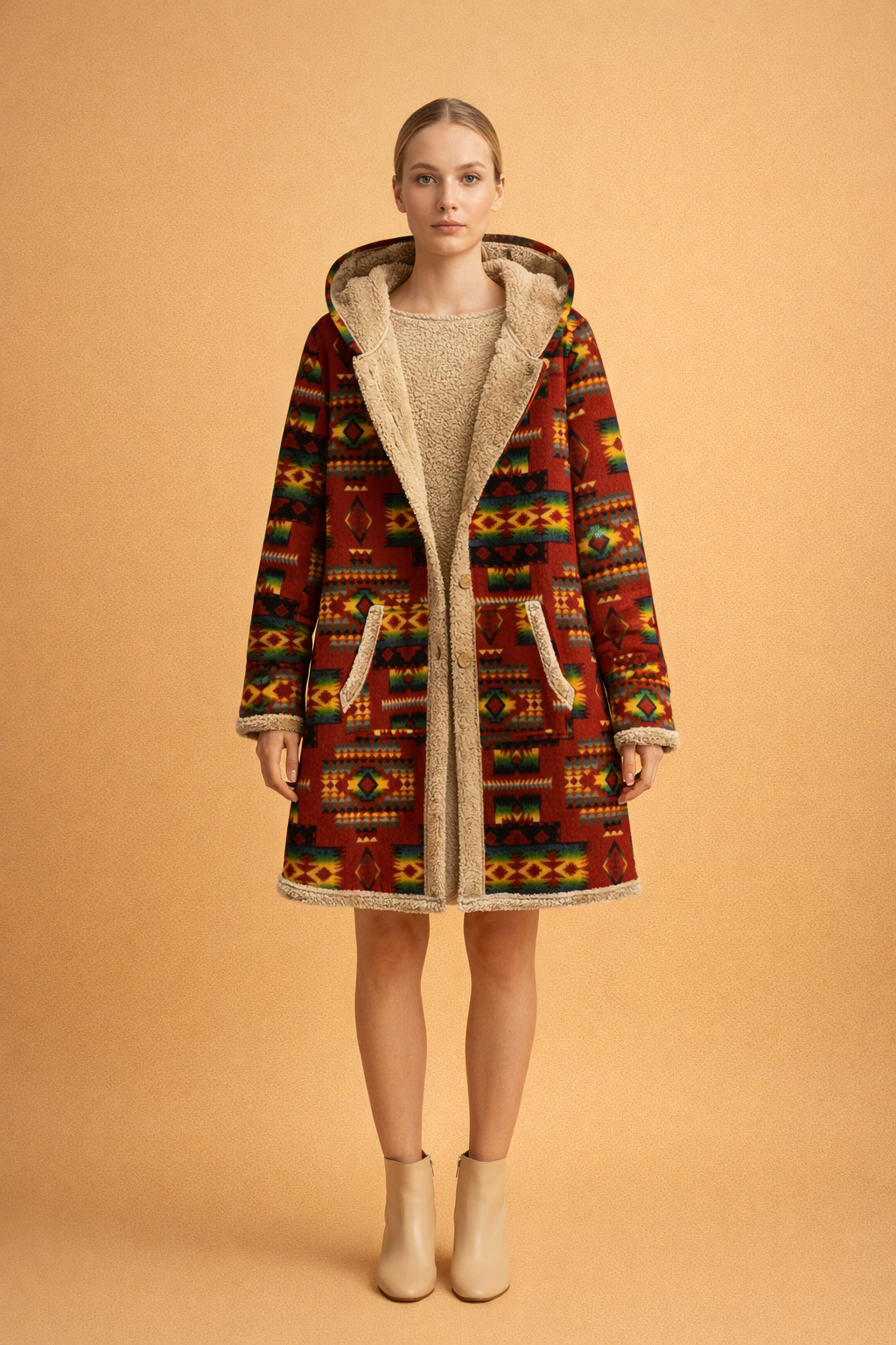 Kryztal | Boho Płaszcz z Wnętrzem Sherpa