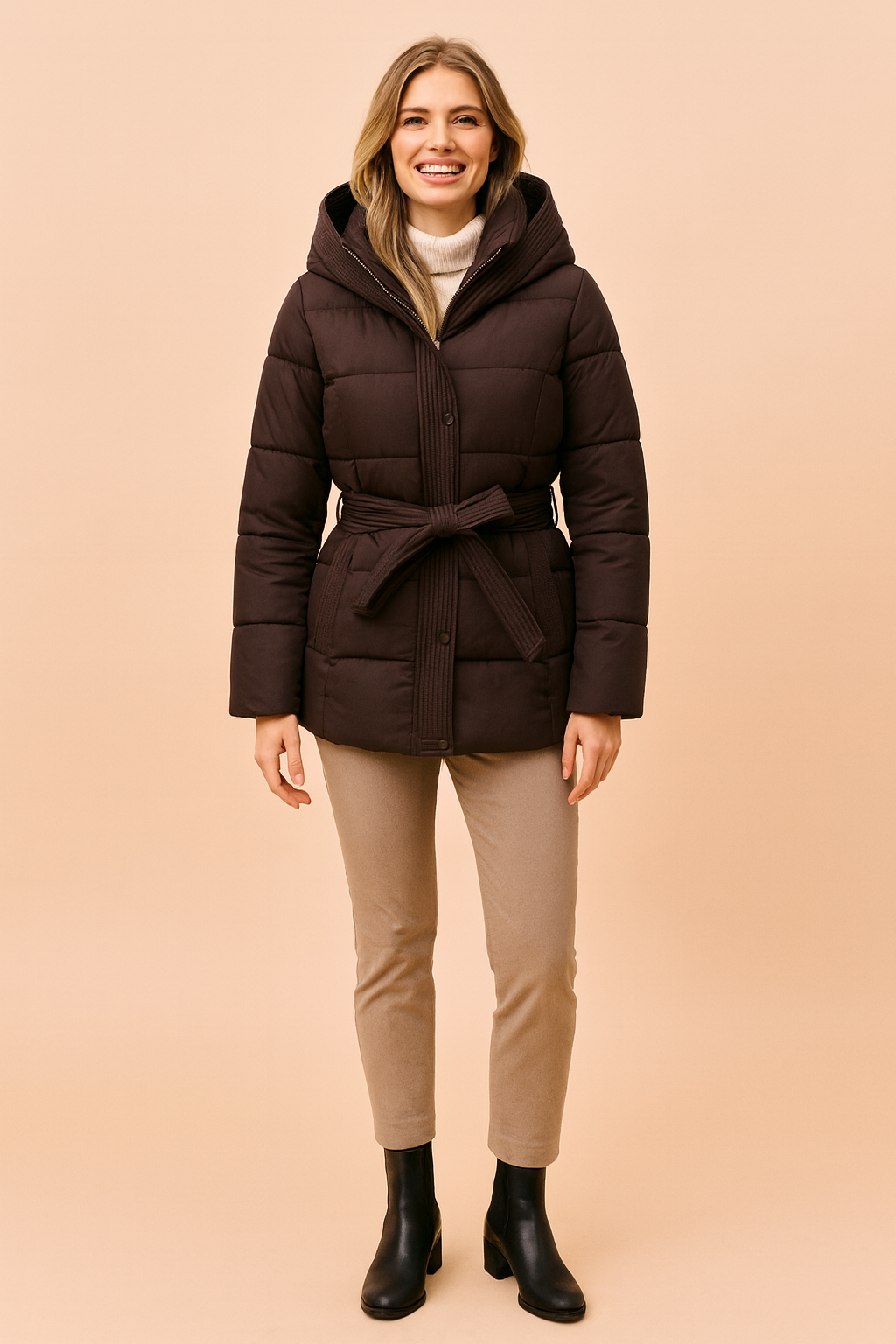 Women’s beige short hooded puffer jacket with waist belt, front zipper, and quilted design, offering a warm and stylish winter outerwear option.