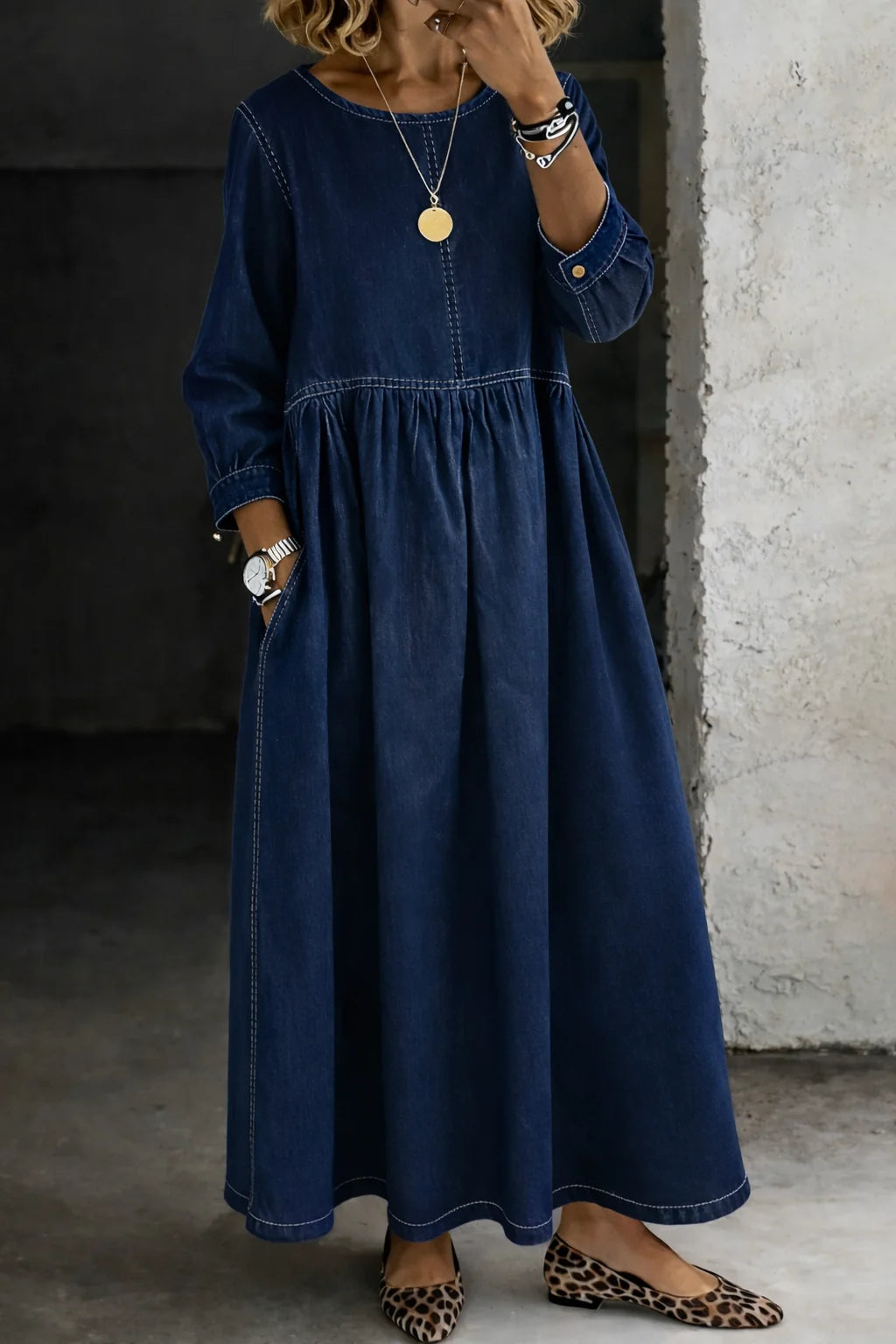 Damen Langarm Smock Kleid Maxi 4