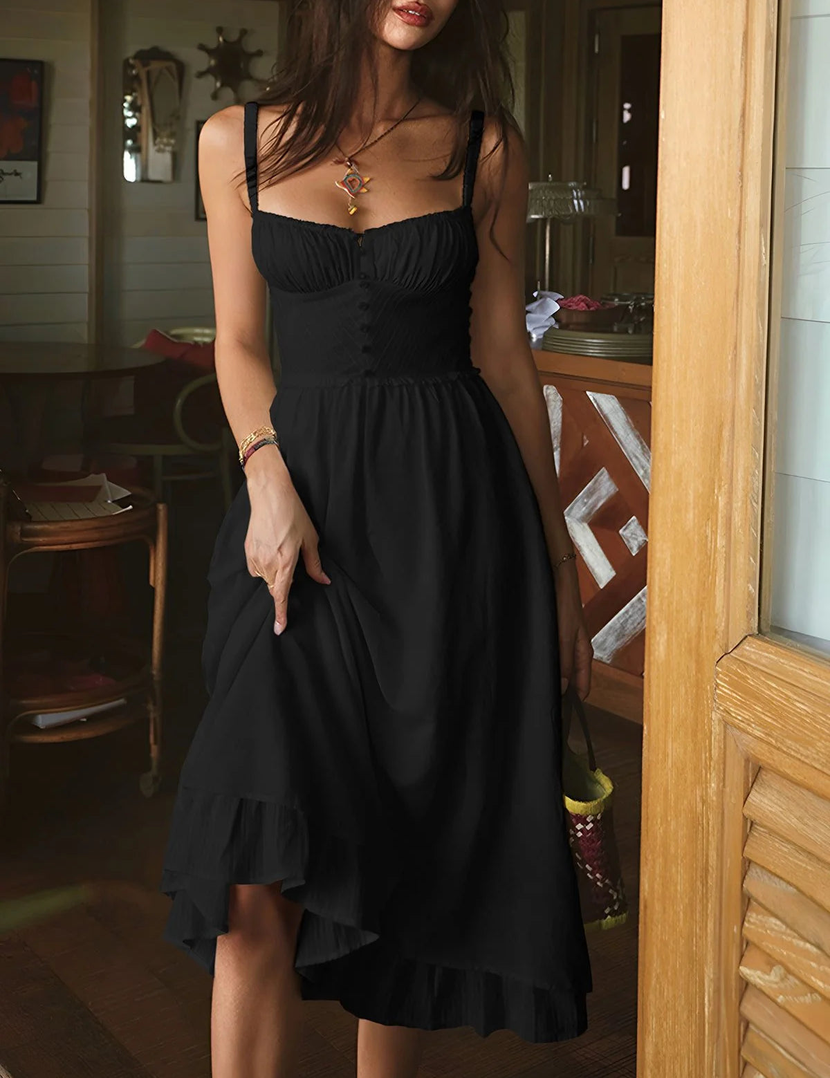 Damen ärmelloses Midi Kleid mit Knopfleiste und Rüschensaum 8