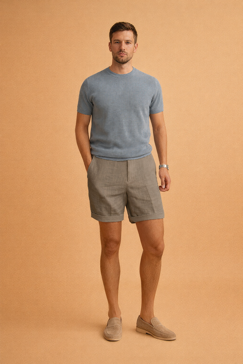 Men’s tailored linen shorts in muted olive-gray with visible natural linen weave texture, mid-thigh length, clean flat-front construction, subtle vertical grain, folded hem cuffs, and smooth matte finish for a relaxed summer look.
