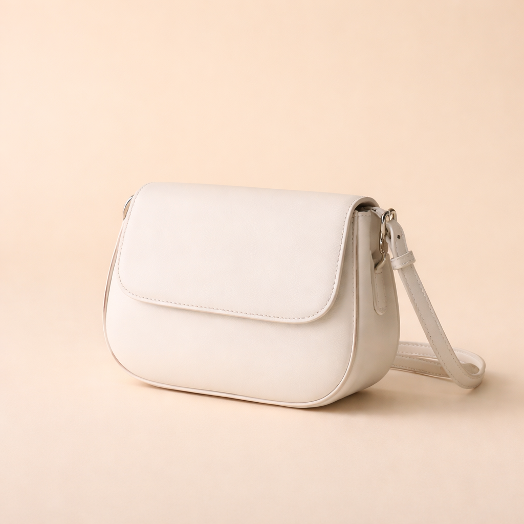 White leather crossbody bag with structured flap closure, adjustable shoulder strap, and minimalist high-end design for everyday wear.