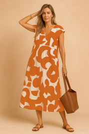 Elegant woman wearing a orange and white abstract print summer dress with V-neckline.