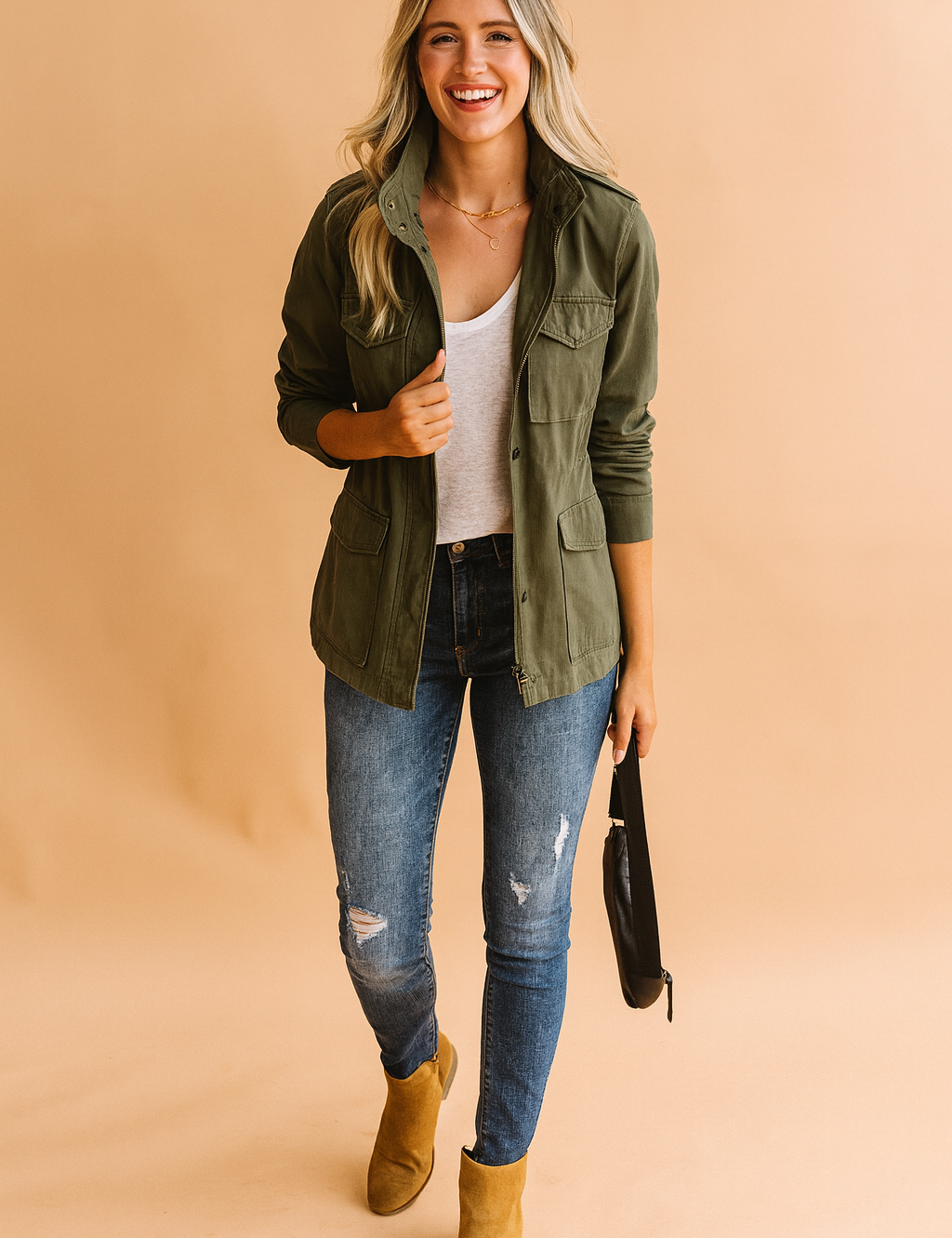 Army green casual military-style jacket with front zip closure, buttoned lapel details, chest and side flap pockets, and long sleeves, styled for everyday wear.