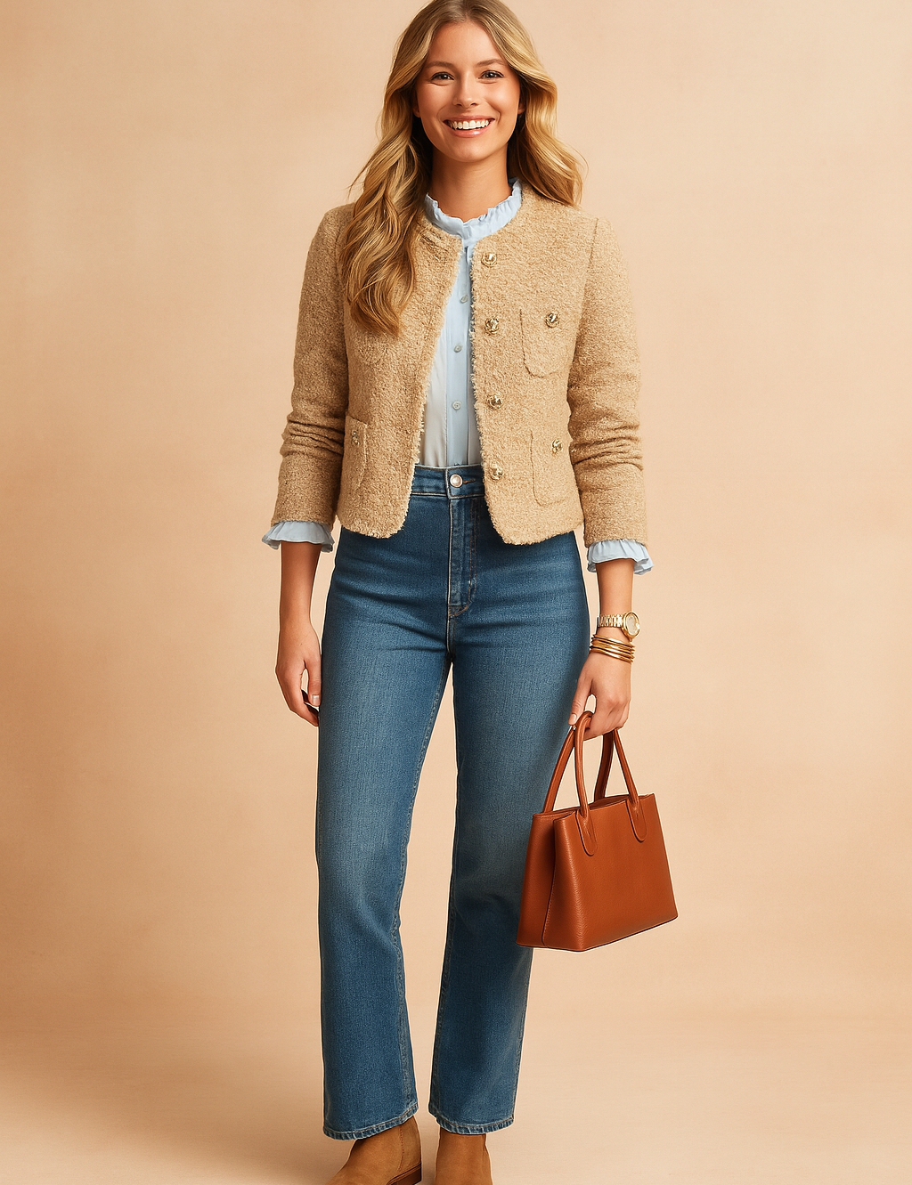 Beige textured button-down sweater jacket with long sleeves, gold buttons, and front pockets, styled with light blue blouse, denim jeans, and tan ankle boots