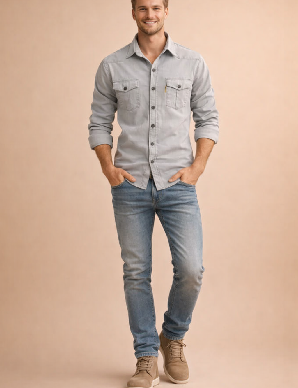 Beige long-sleeve button-up shirt with chest flap pockets and tonal buttons, paired with slim-fit blue denim jeans and beige suede low-top sneakers