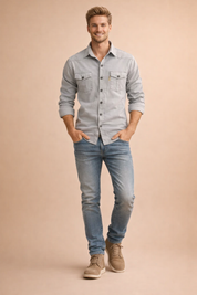 Beige long-sleeve button-up shirt with chest flap pockets and tonal buttons, paired with slim-fit blue denim jeans and beige suede low-top sneakers