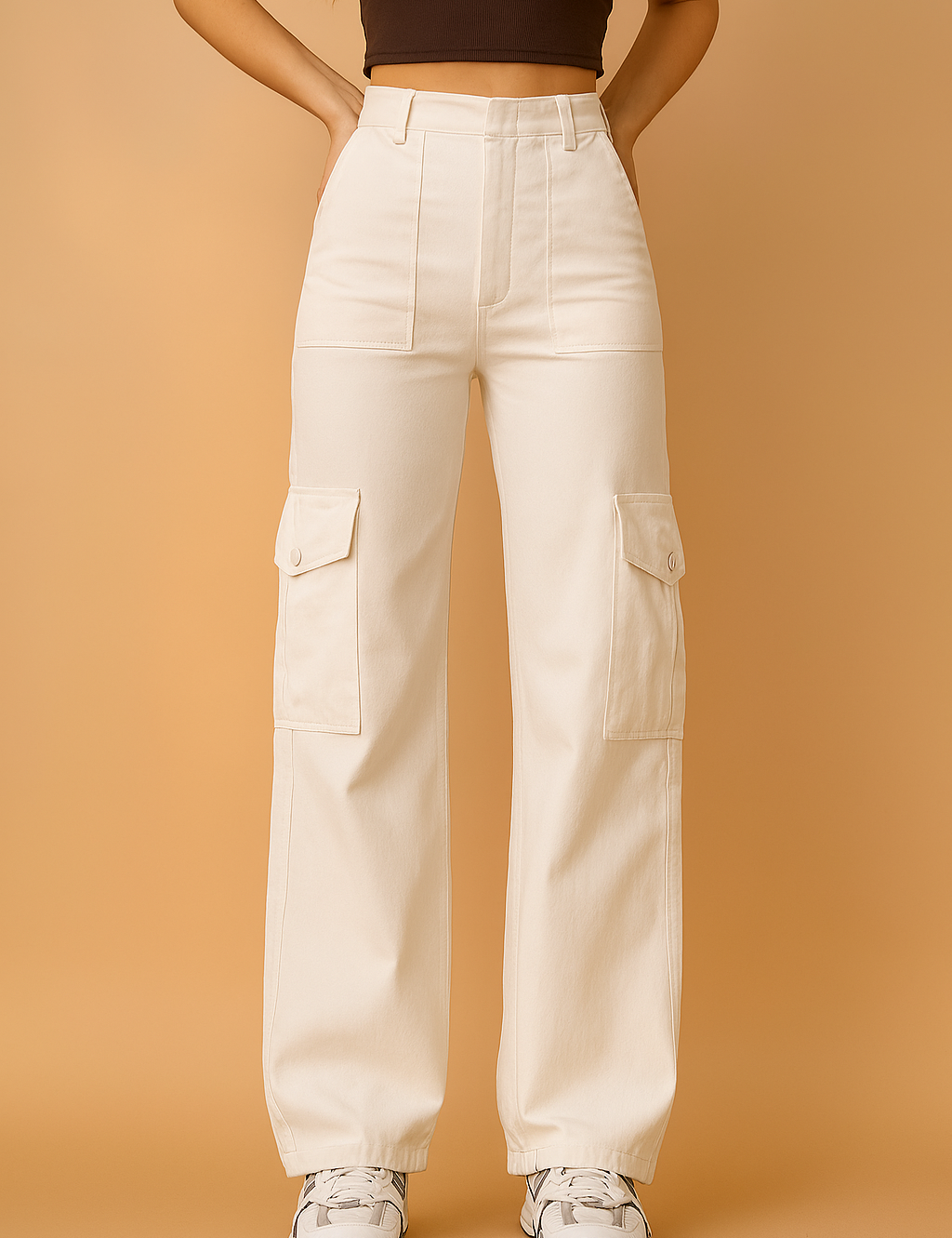 High-waisted beige cargo pants with wide-leg cut, clean seam detailing, and dual flap pockets on each thigh, styled with white sneakers.