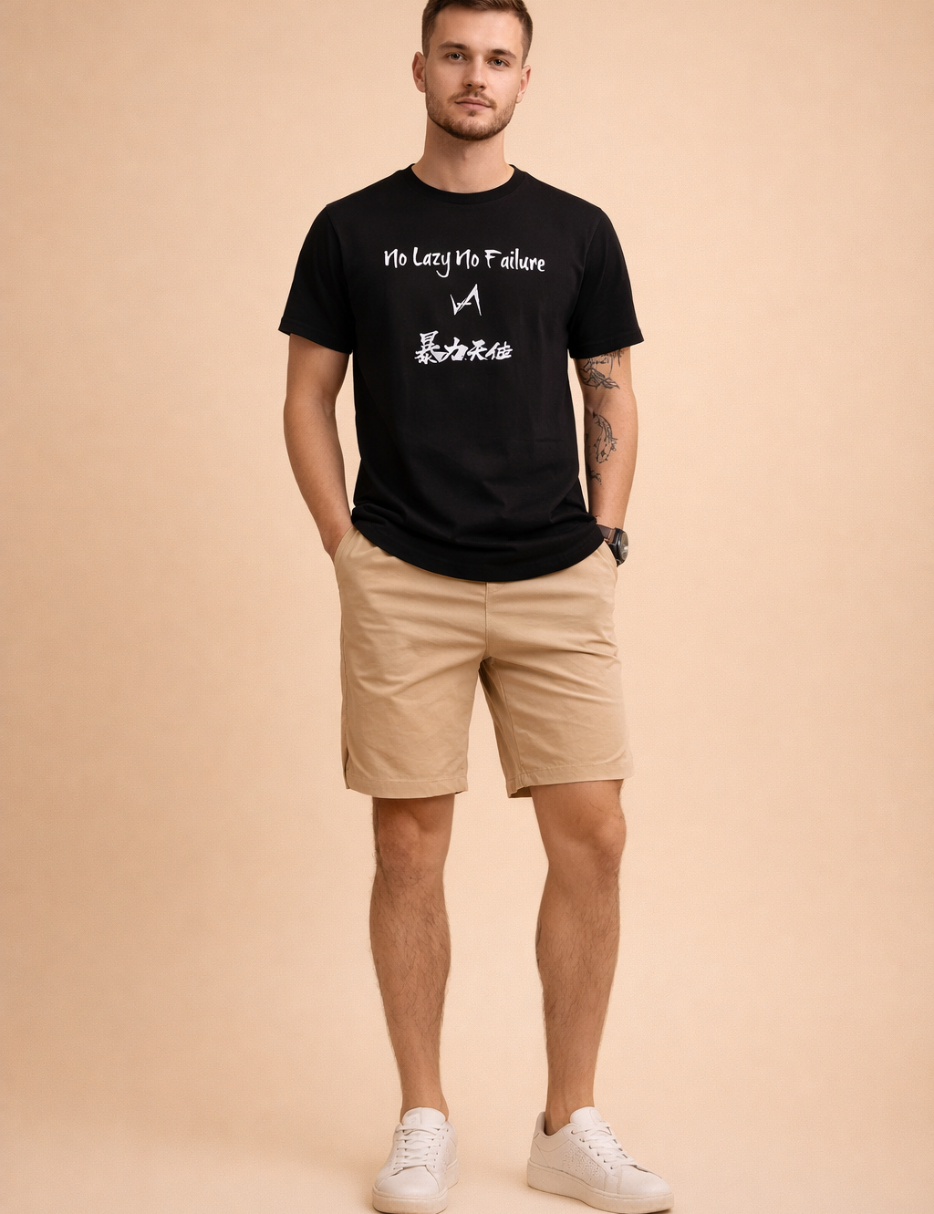Beige cotton chino shorts with a smooth matte finish and straight hem paired with a black short-sleeve graphic t-shirt featuring crisp white typography and symbol print, styled with clean low-profile neutral sneakers for a modern casual look