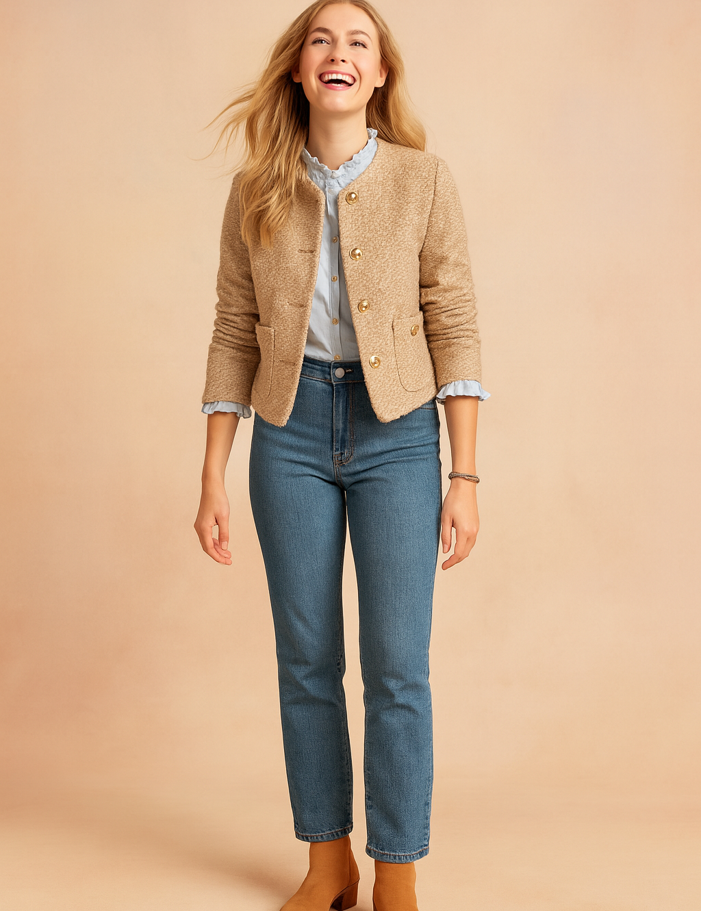 Beige textured button-down sweater jacket with long sleeves, gold buttons, and front pockets, styled with light blue blouse, denim jeans, and tan ankle boots