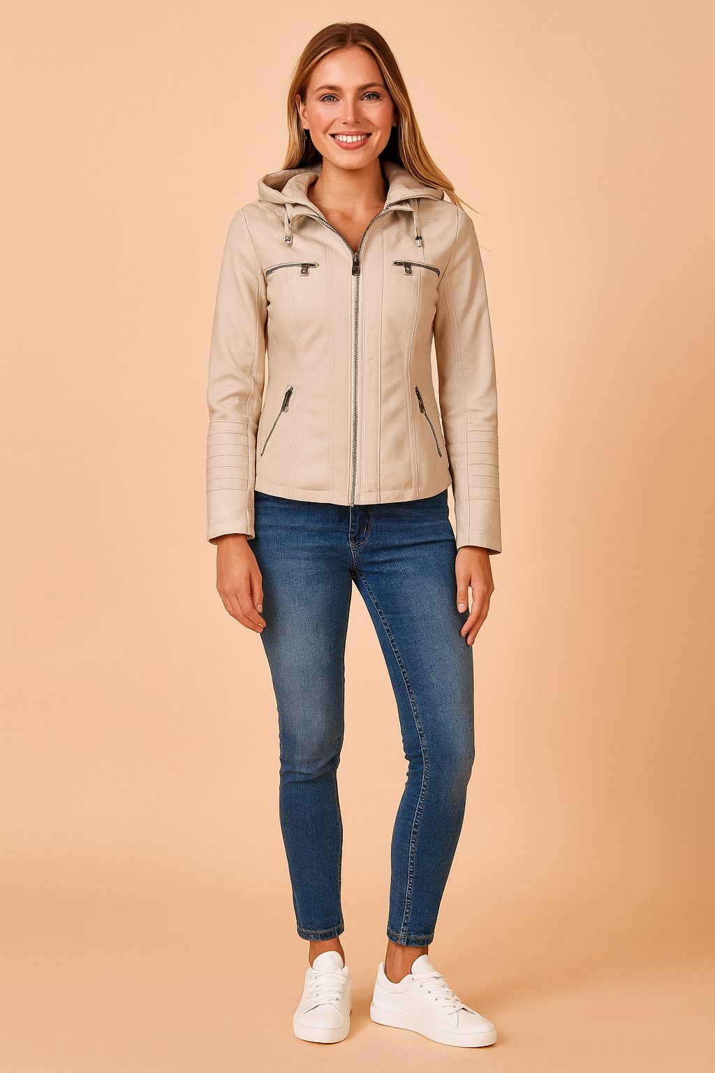 Beige hooded zip-up jacket with multiple front zip pockets, paired with slim blue jeans and white sneakers, styled for a casual modern look.