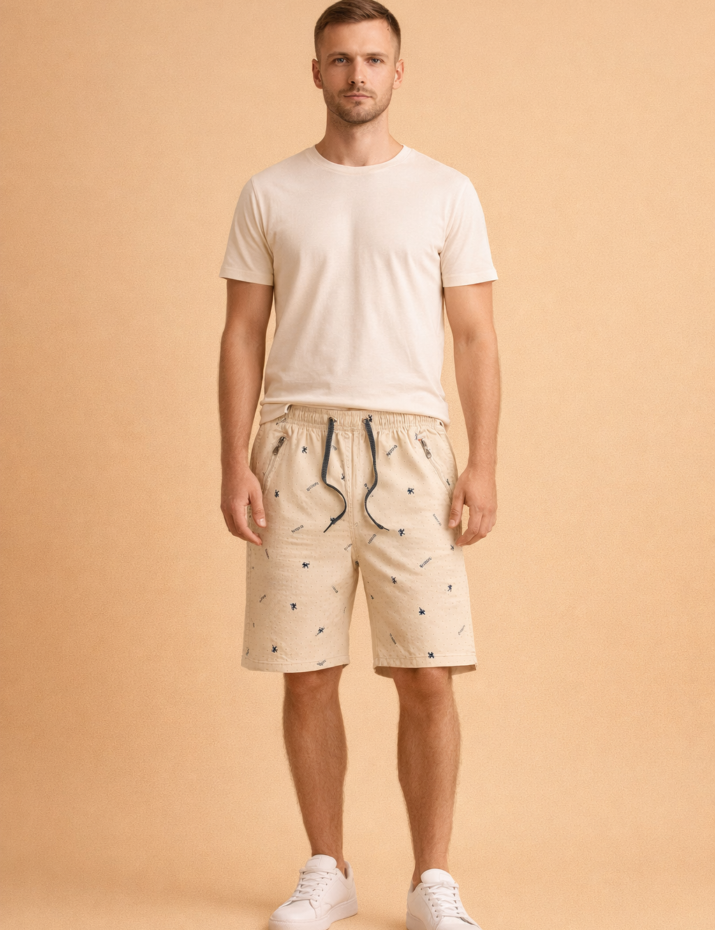 Light beige casual shorts with elastic waistband and black drawstring, featuring a fine micro-dot pattern with small navy blue motif prints, tailored knee-length cut, zippered side pockets, and lightweight breathable cotton fabric for a clean summer look.