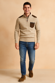 Beige quarter-zip knitted sweater with ribbed hem and cuffs, detailed with dark brown suede shoulder panels and matching chest pocket, designed in a slim modern fit.