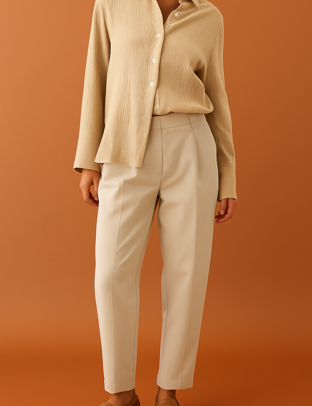 Beige crinkled button-down shirt with a soft collar and long sleeves, tucked into high-waisted cream pleated trousers, styled with tan suede loafers.