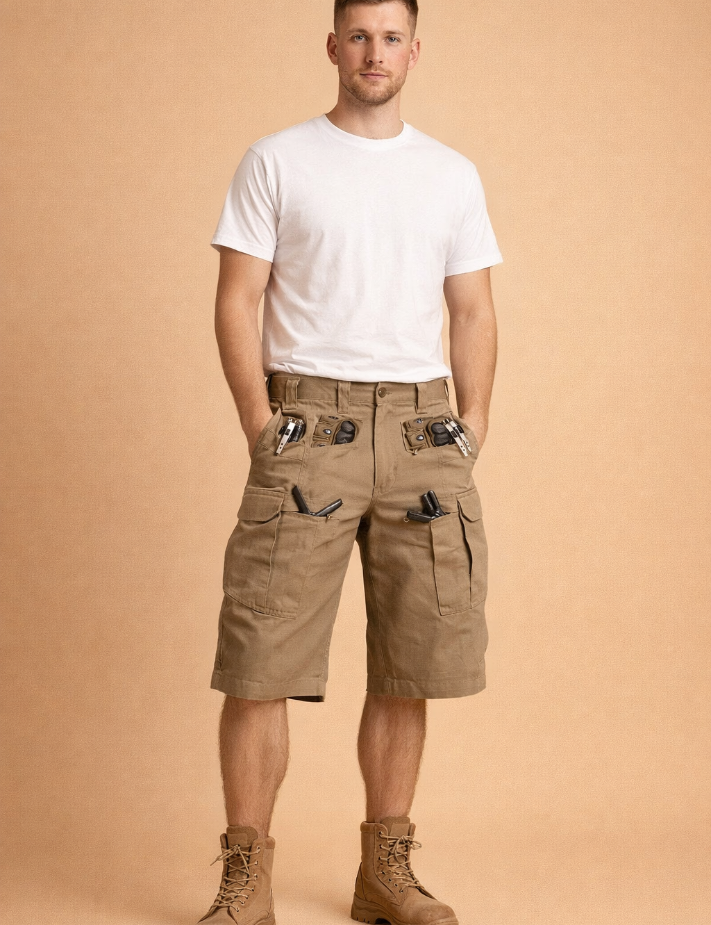 Beige tactical cargo shorts crafted from durable ripstop fabric with a fine grid weave, featuring reinforced stitching, multiple utility pockets with metal zippers, flap cargo pockets, integrated D-ring detail, and structured knee panels, paired with a solid olive green short-sleeve cotton T-shirt in a smooth, matte finish.