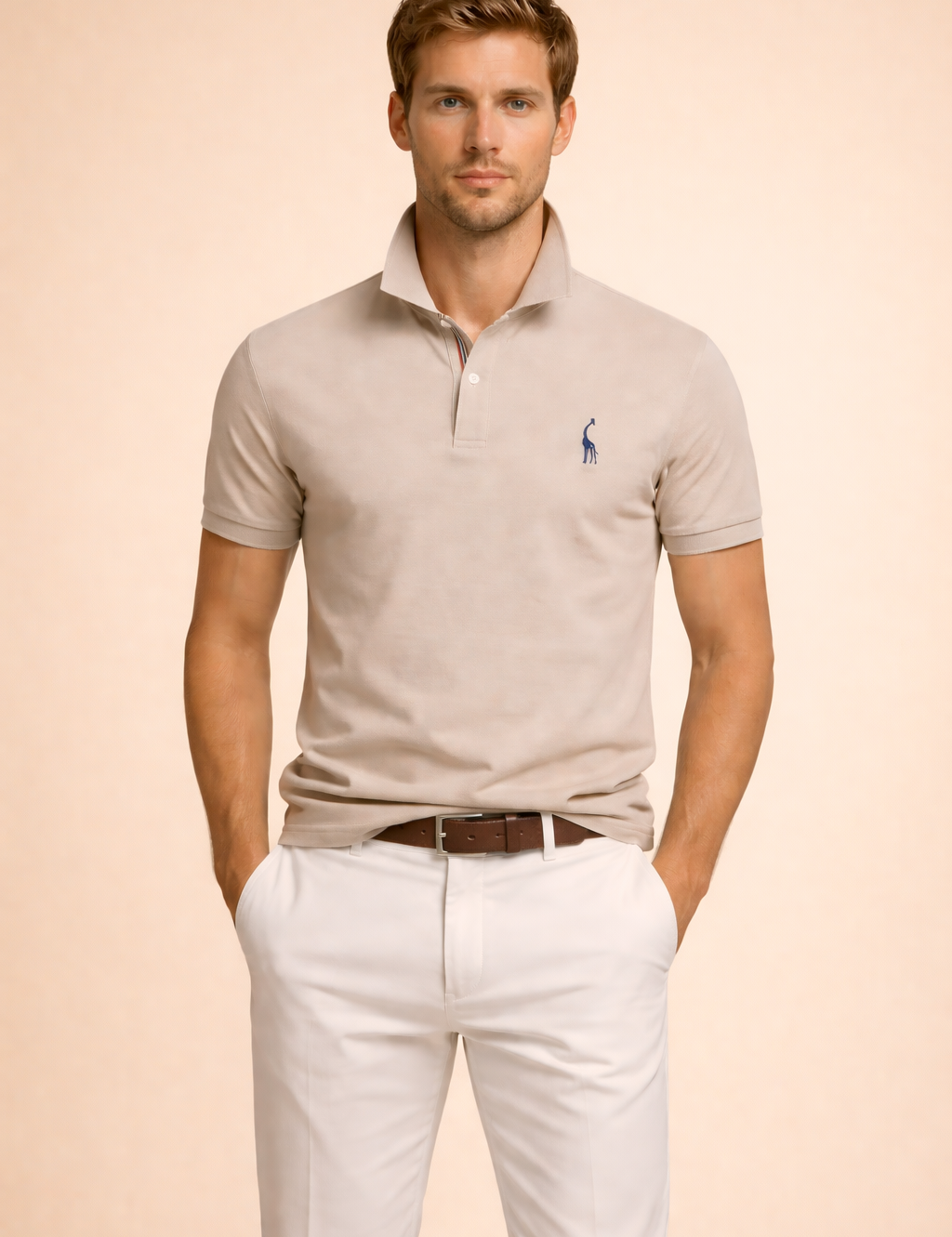 Beige short-sleeve polo shirt with a structured collar, two-button placket, tailored fit, and subtle embroidered chest logo, styled for a clean modern look.
