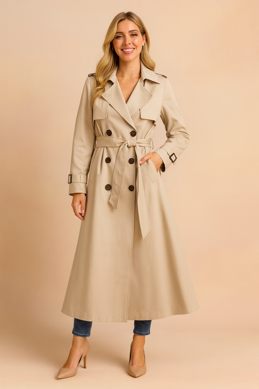 Elegant beige trench coat with double-breasted buttons, wide lapel collar, belted waist, and long tailored cut, perfect for layering in transitional weather.