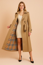 Beige trench coat with wide opening showing full Burberry-style check lining, belted waist, double-breasted buttons, and structured lapels, styled over a neutral base outfit.
