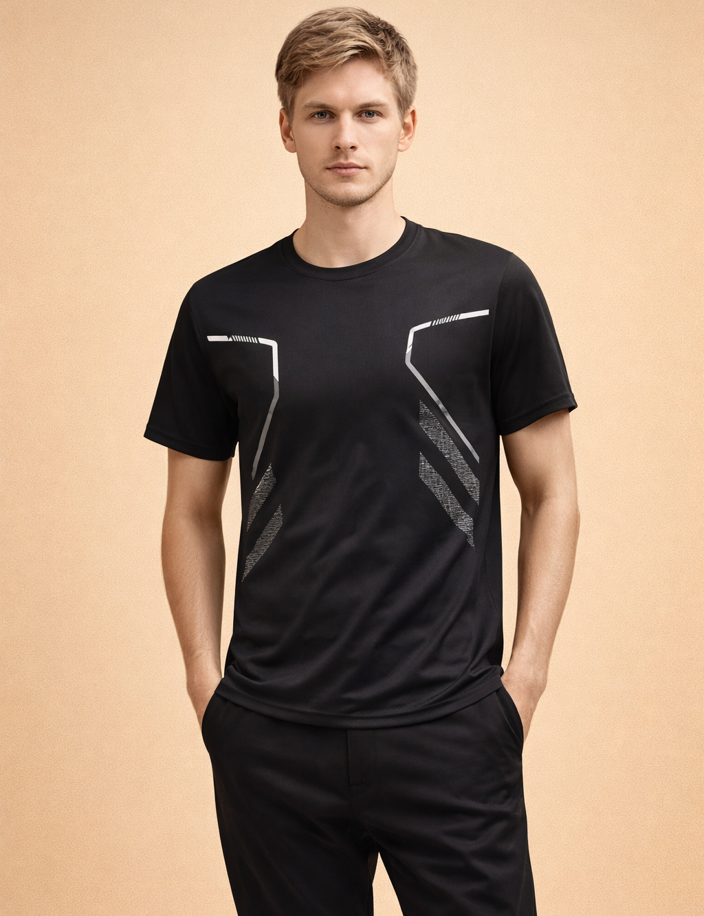 Black short-sleeve athletic T-shirt with a streamlined crew neckline, fitted silhouette, smooth technical fabric drape, and symmetrical angular contrast detailing across the chest and sides for a modern performance look.