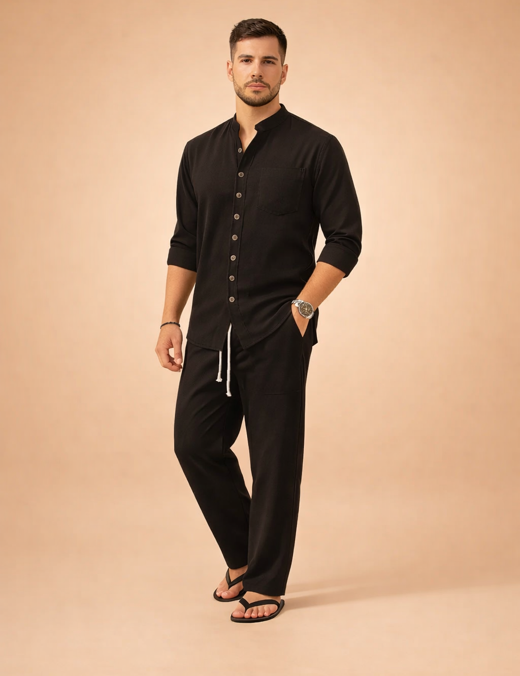 Black long-sleeve button-front shirt with a band collar and chest pocket, paired with matching straight-leg trousers featuring a relaxed fit and adjustable drawstring waist.