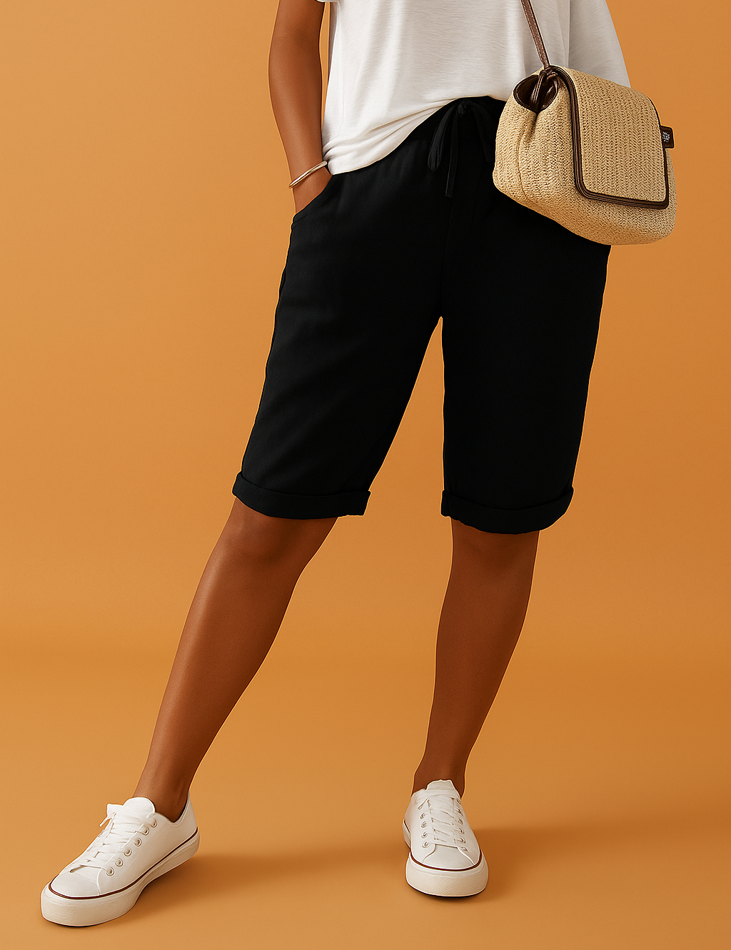 Black cuffed Bermuda shorts with drawstring waist in a lightweight fabric, styled with a white oversized tee and white sneakers for a relaxed casual look.