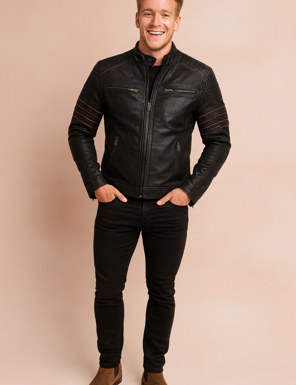 Black biker jacket with red stitched detailing, zippered chest and side pockets, and quilted shoulder panels, styled with slim black jeans and brown suede Chelsea boots for a modern edgy look.