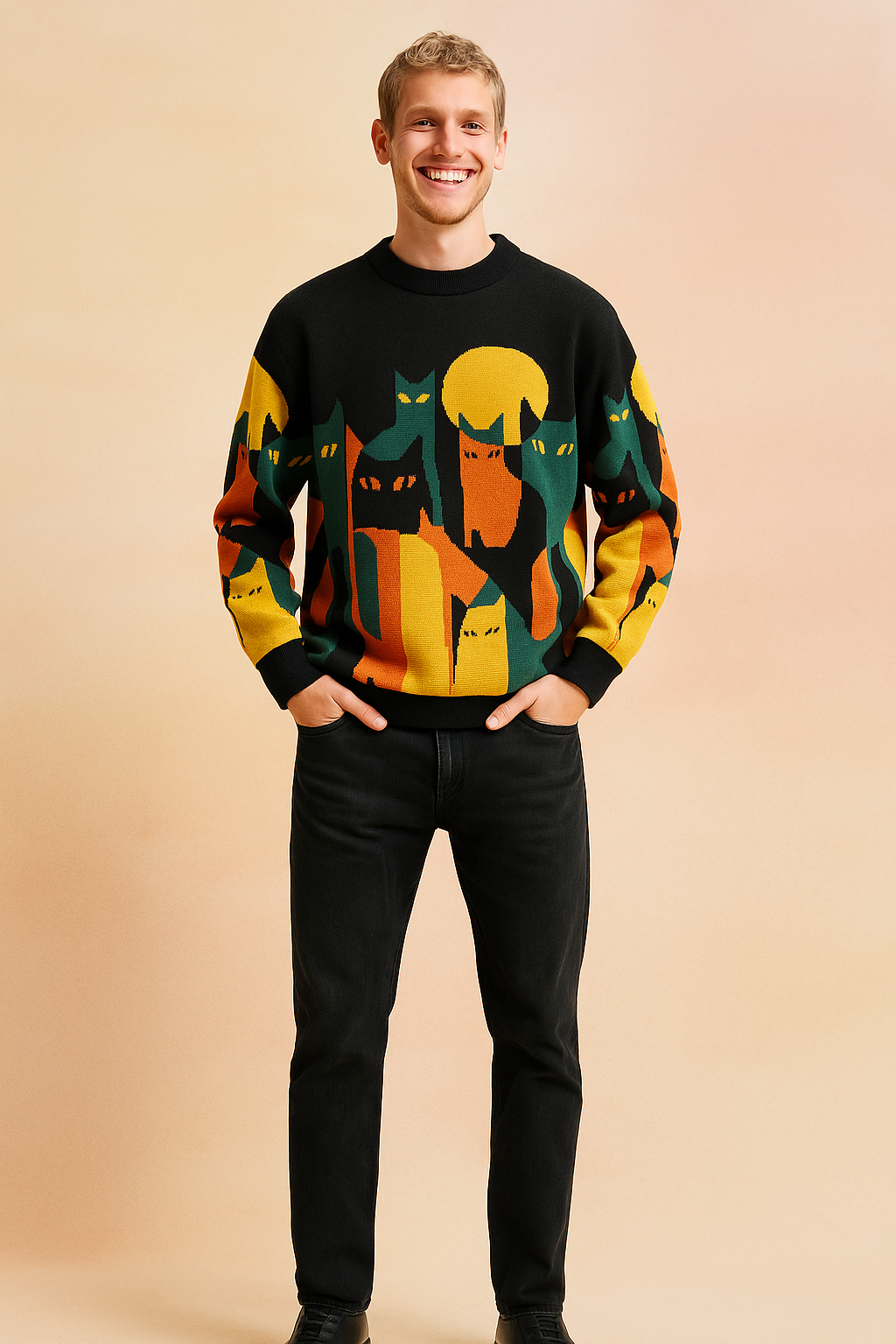 Colorful knitted sweater with abstract cat silhouettes in yellow, orange, and green on a black base, styled with black jeans and black shoes.