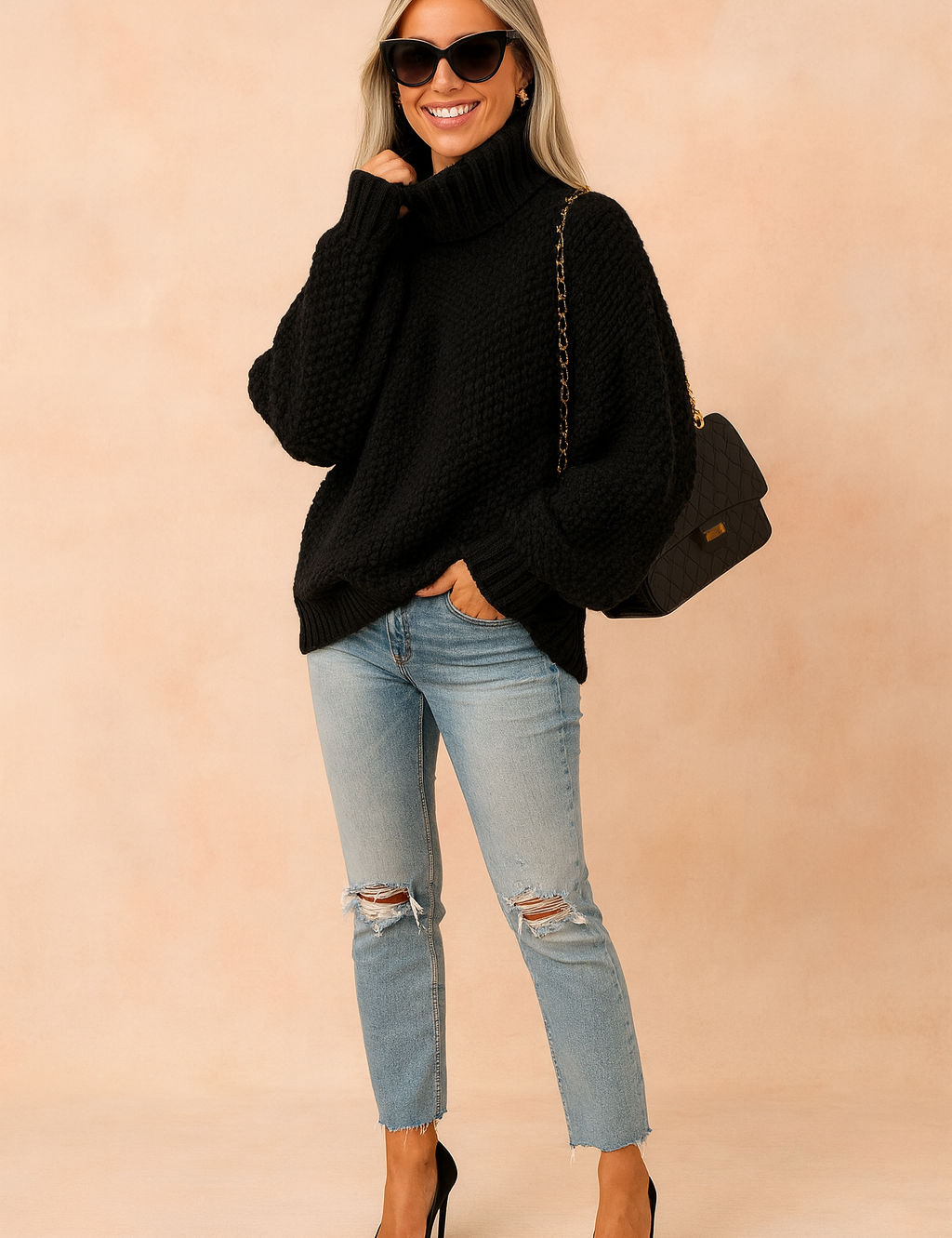  Oversized chunky-knit black turtleneck sweater paired with light-wash distressed straight-leg jeans, black pointed-toe high heels, and a black quilted chain-strap handbag.