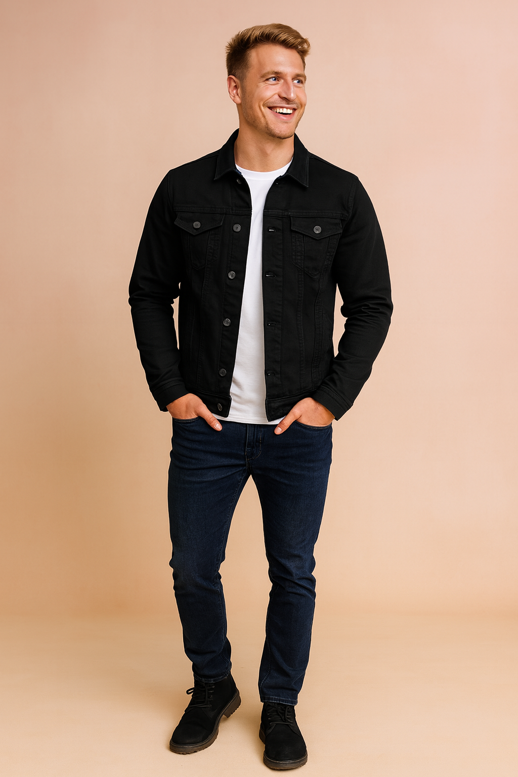 Black button-up denim jacket with front flap pockets, paired with a white crewneck t-shirt, slim dark blue jeans, and black lace-up boots.