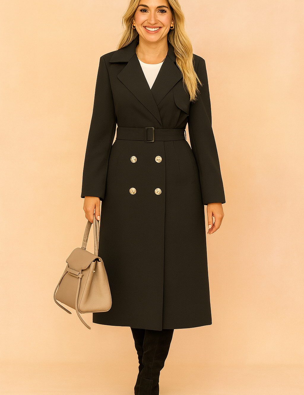 Black double-breasted trench coat with silver buttons, belted waist, and structured lapels, styled with black suede knee-high boots and a taupe handbag.