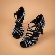 Eleganckie Buty Taneczne Damskie na Obcasie z Kryształami do Tańca Towarzyskiego