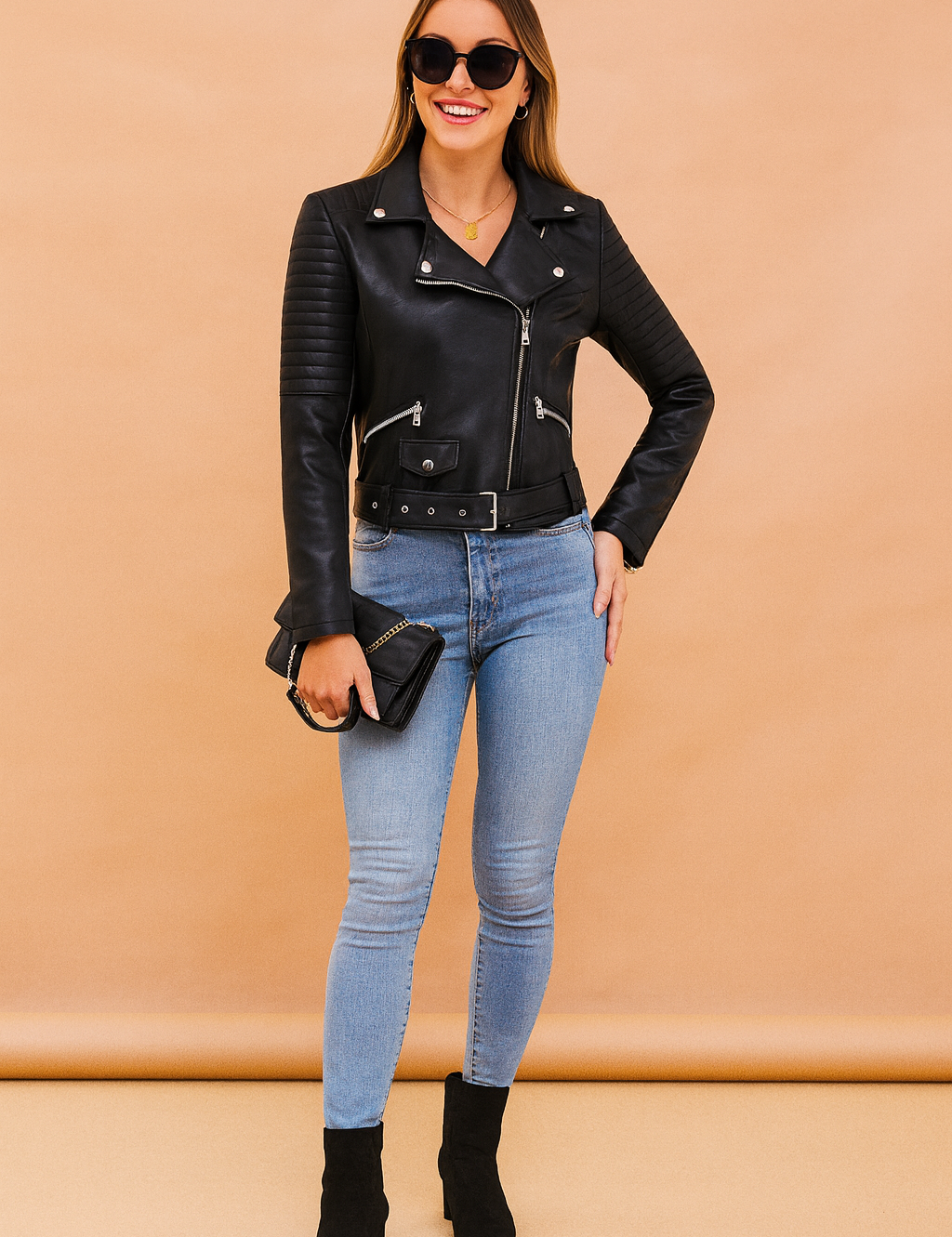 Black faux leather biker jacket with quilted sleeves, silver zip details, belted waist, and multiple zippered pockets, styled with light blue skinny jeans, black ankle boots, and a chain-strap clutch.