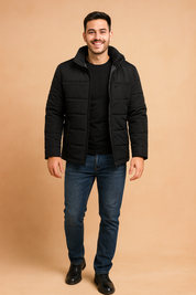 Black padded men's jacket with grey fleece lining, front zipper closure, and quilted texture.
