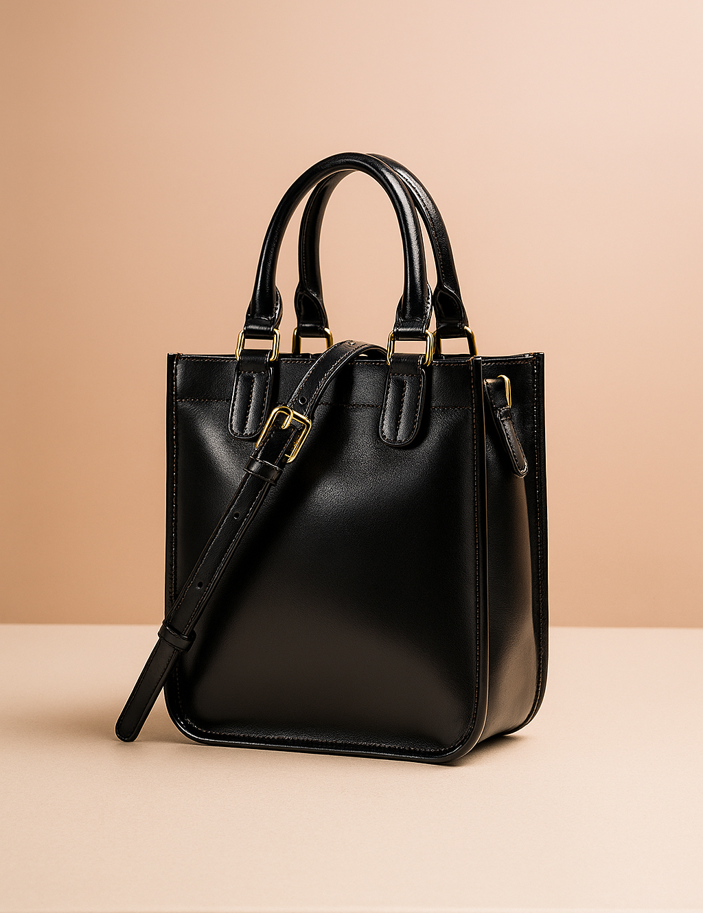 Glossy black leather tote handbag with double handles, gold buckle strap, and visible stitching on a neutral background.