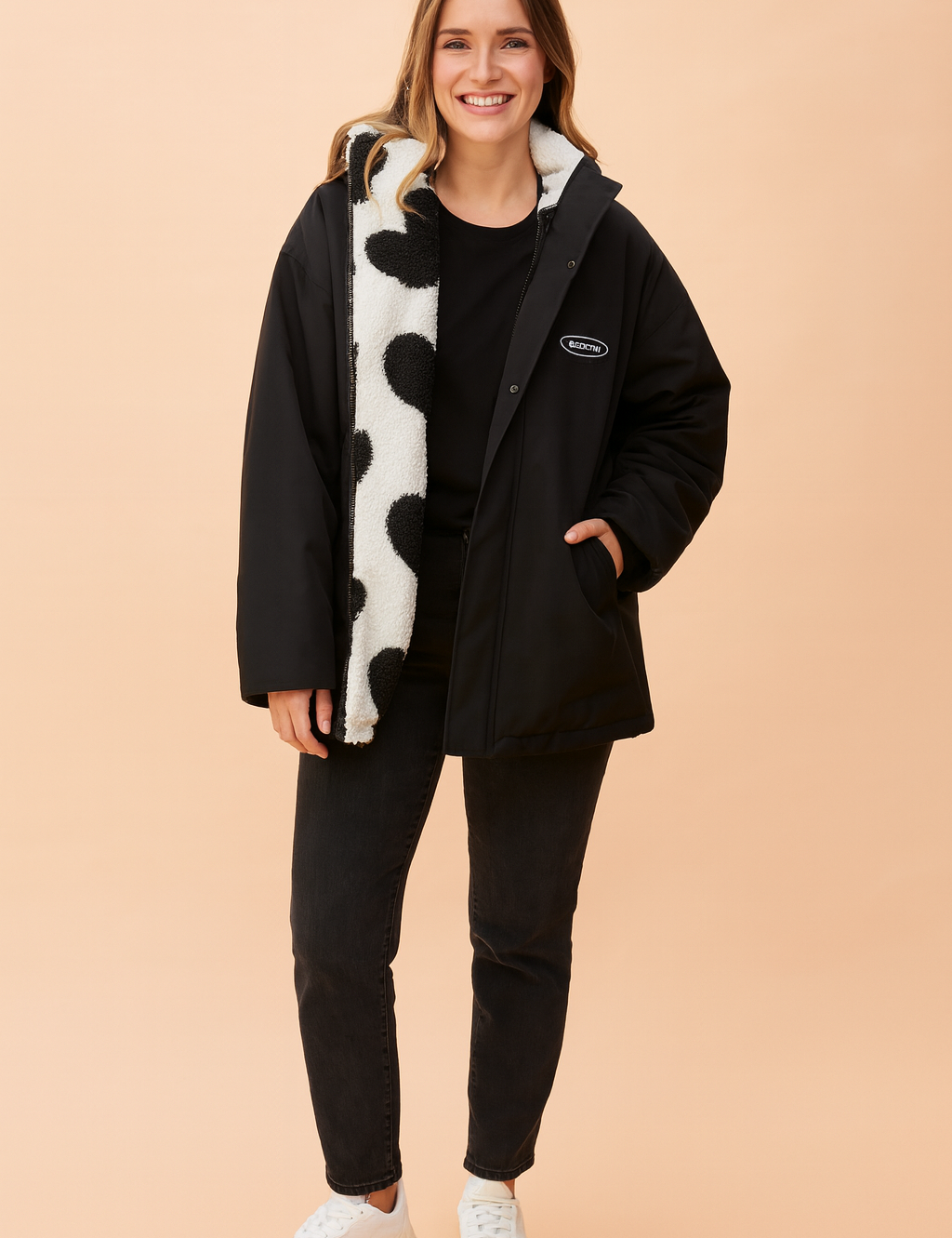 Women’s winter parka jacket with soft fleece heart-print lining, full front zipper, side pockets, and casual streetwear style for warmth and comfort.