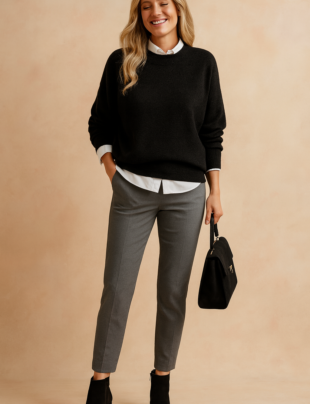 Black crewneck sweater layered over a white button-up shirt, paired with tailored grey trousers, black suede ankle boots, and a structured black handbag.