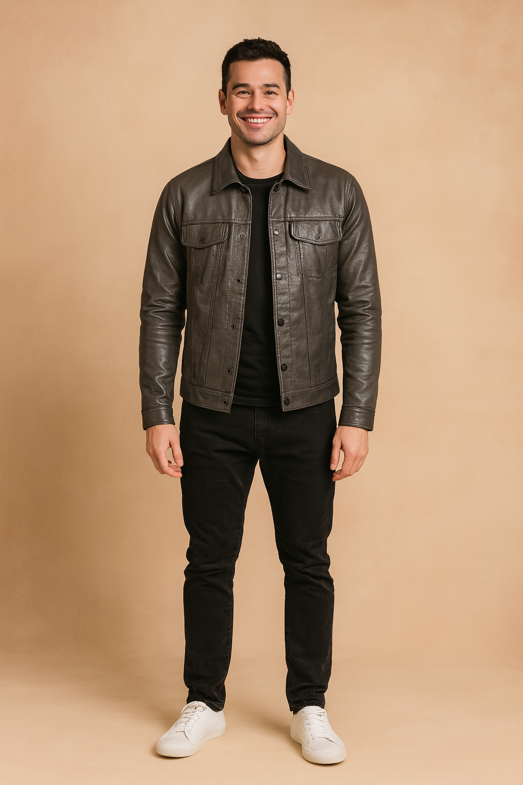 Black leather button-up jacket with flap chest pockets and sleek tailored fit, styled with black trousers and white sneakers.