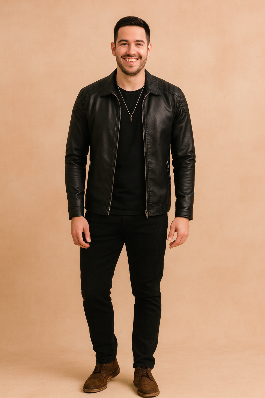 Black leather jacket with quilted shoulder stitching, front zipper closure, styled over a black t-shirt and paired with slim-fit jeans.