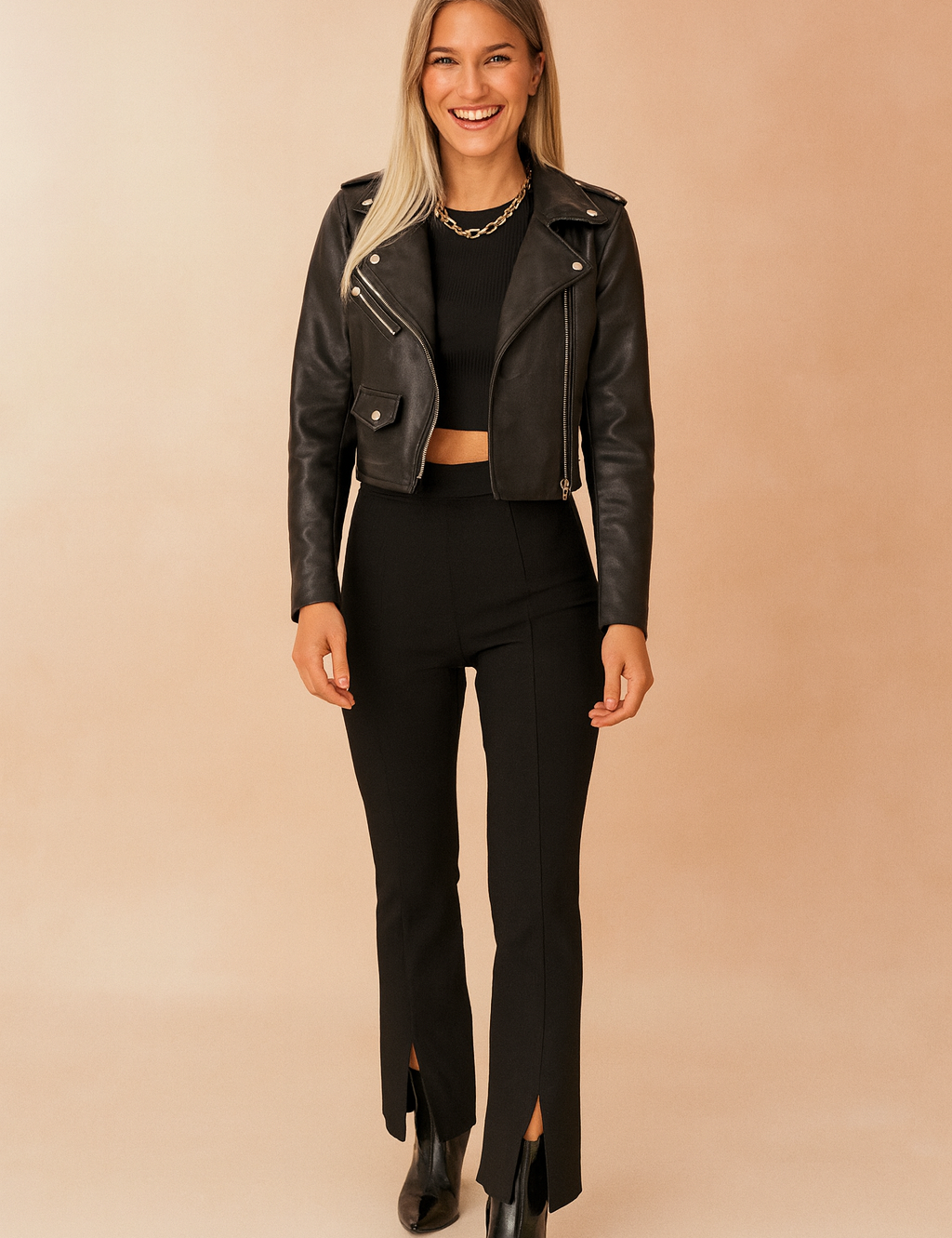 Black cropped leather biker jacket with silver zippers, paired with a fitted black crop top, high-waisted slit-hem trousers, and black ankle boots.