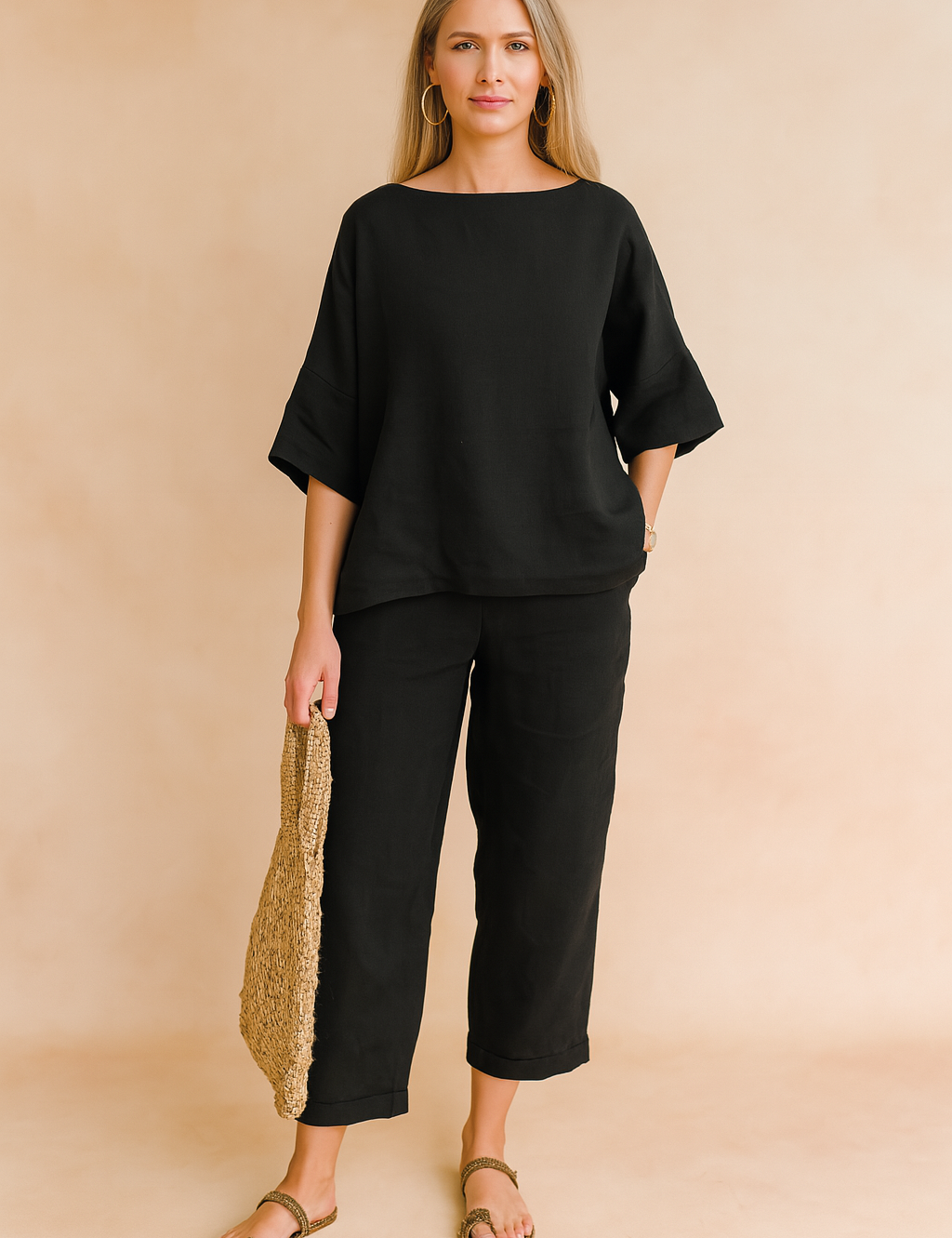 Black linen women's blouse with wide sleeves and relaxed fit, styled with matching cropped pants and woven accessories, displayed in a warm sand and pastel blush fashion shoot setting.
