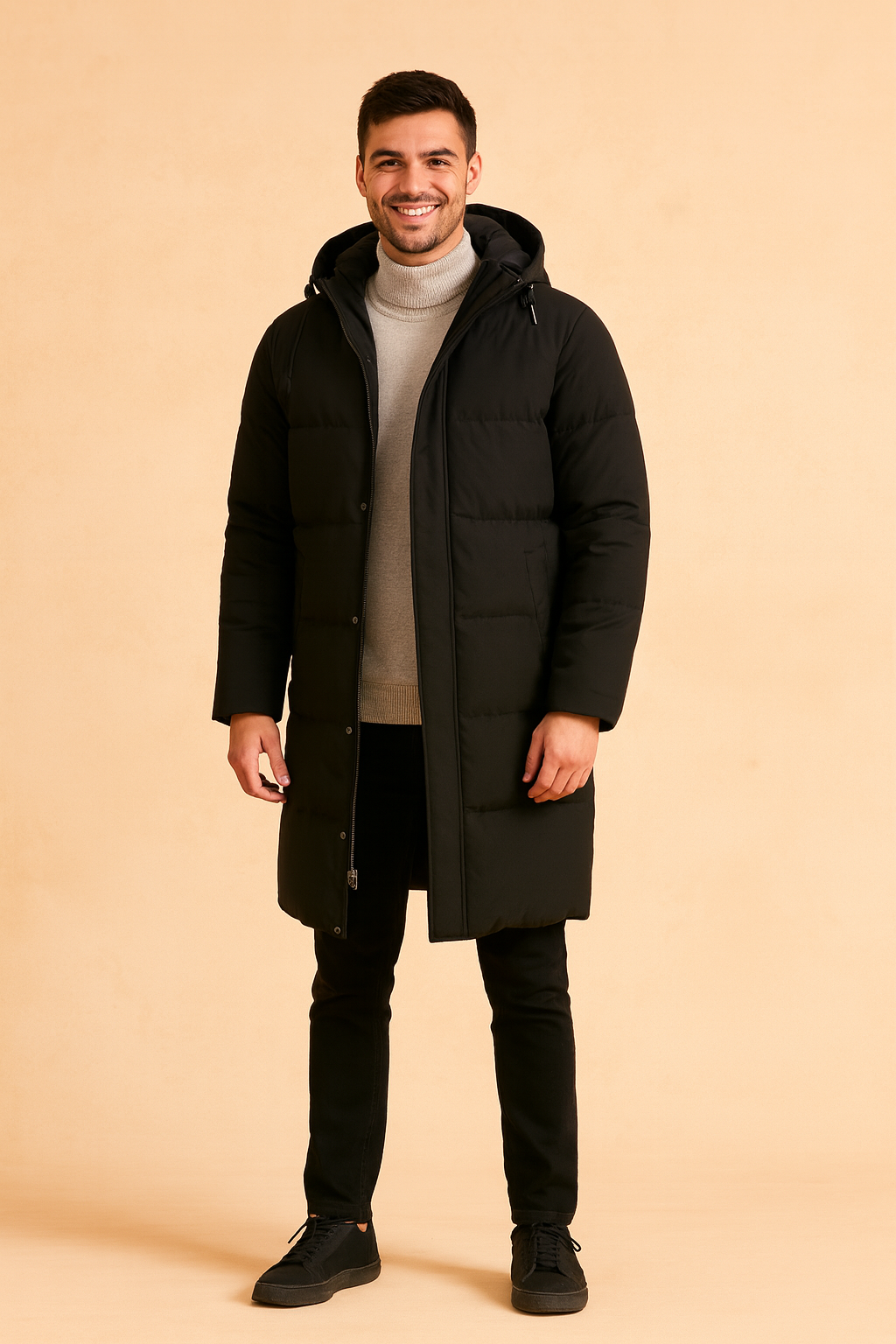 Long black puffer coat with hood, button and zipper closure, and quilted panel design over a light gray turtleneck sweater