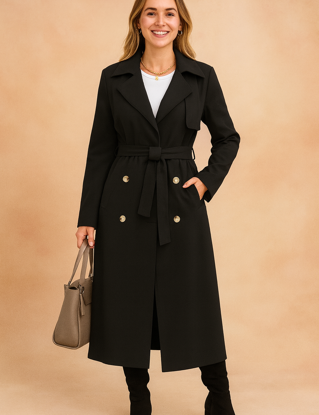 Black long trench coat with double-breasted gold buttons, belted waist tie, notch lapels, and side pockets, styled with a white inner top, black knee-high suede boots, and a taupe structured handbag.