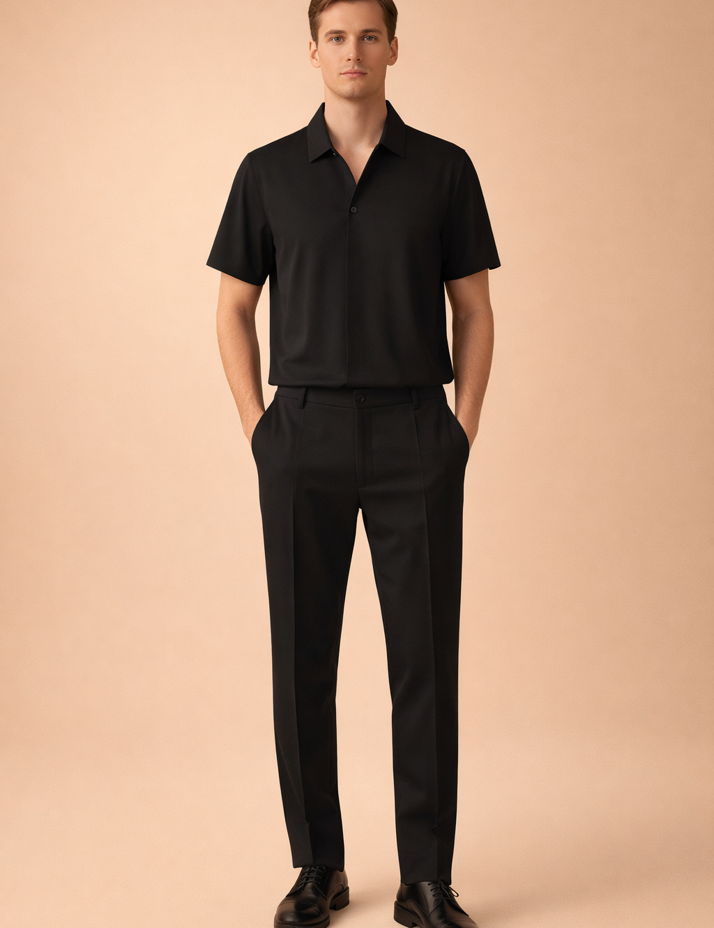 Modern black two piece mens outfit featuring a short sleeve tailored polo shirt with clean collar lines paired with slim fit tapered trousers in matching matte fabric for a refined minimalist look
