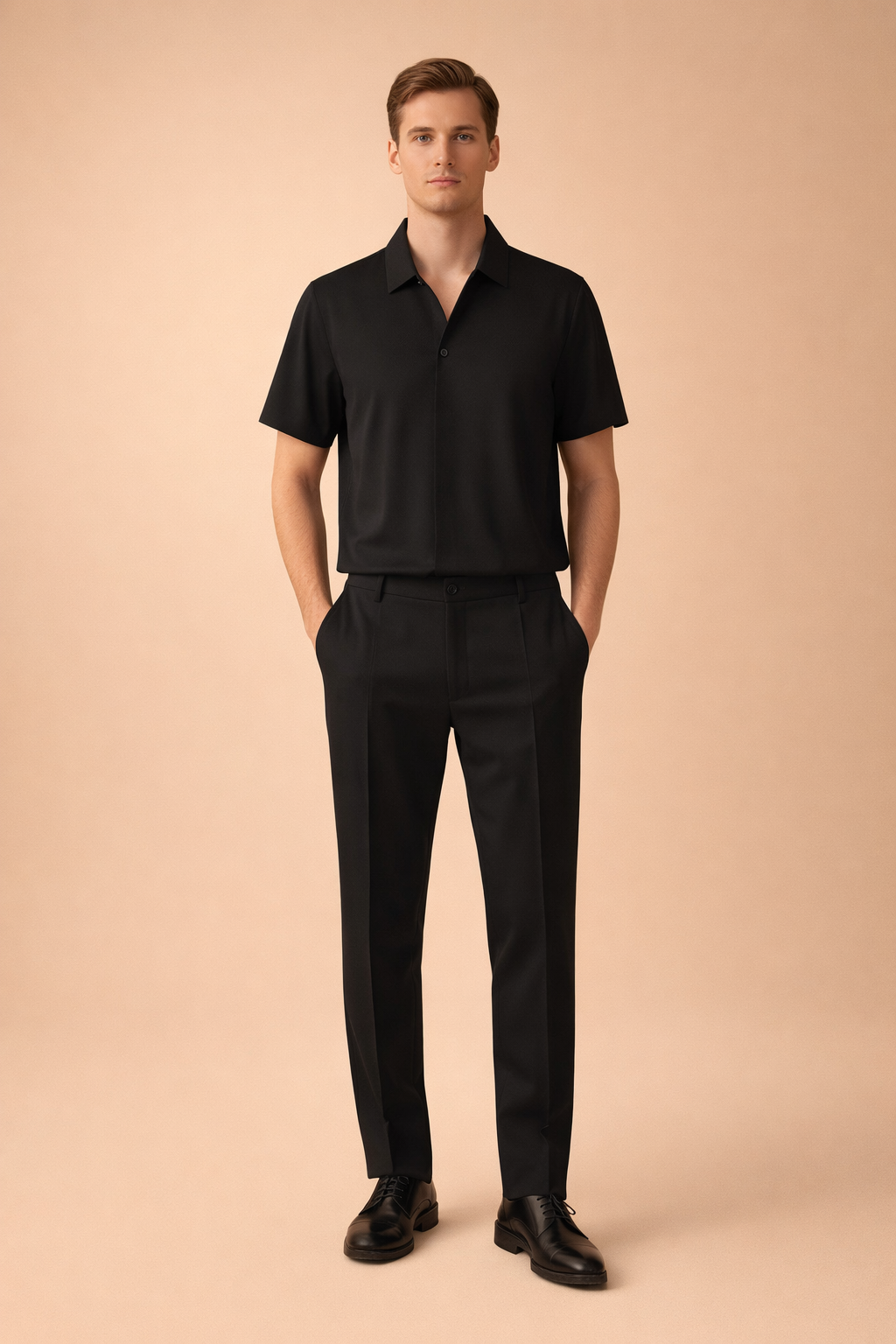 Modern black two piece mens outfit featuring a short sleeve tailored polo shirt with clean collar lines paired with slim fit tapered trousers in matching matte fabric for a refined minimalist look