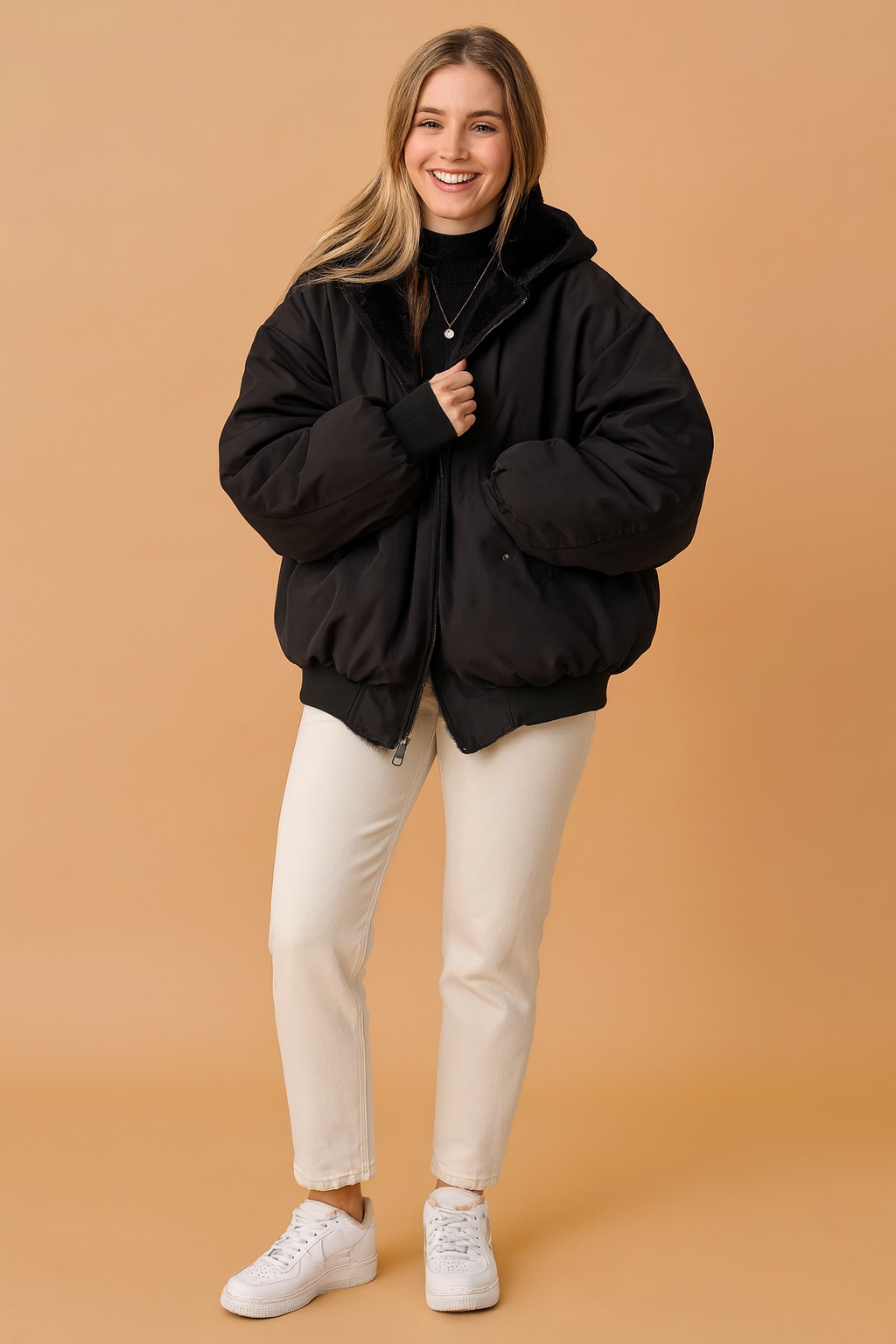 Black oversized zip-up jacket with fur lining, paired with a black turtleneck, off-white straight-leg pants, and white sneakers for a cozy winter look.
