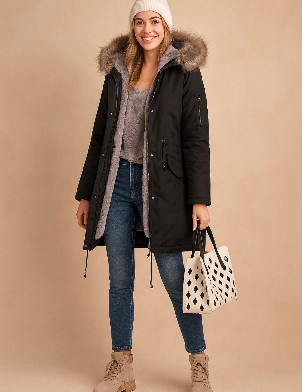 Black winter parka jacket with faux fur hood, front zipper and snap button closure, large flap pockets, adjustable waist drawstring, paired with slim blue jeans and black ankle boots.