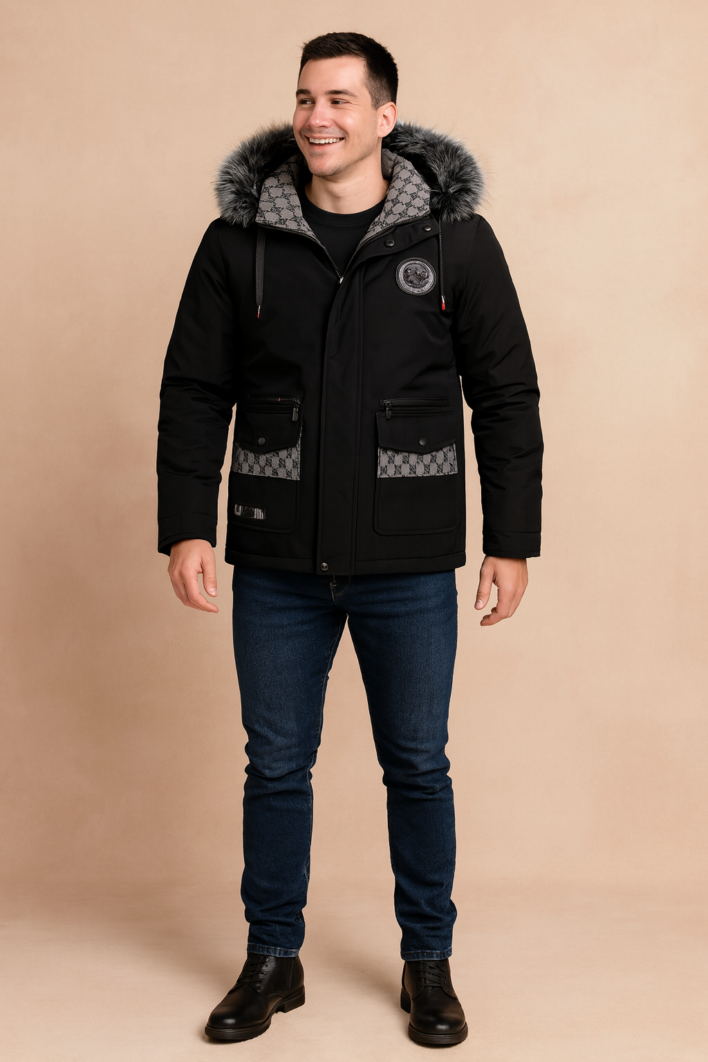 Black winter parka with faux fur-trimmed hood, patterned grey lining, multiple flap and zippered pockets, and embroidered chest patch, styled in a modern fit.